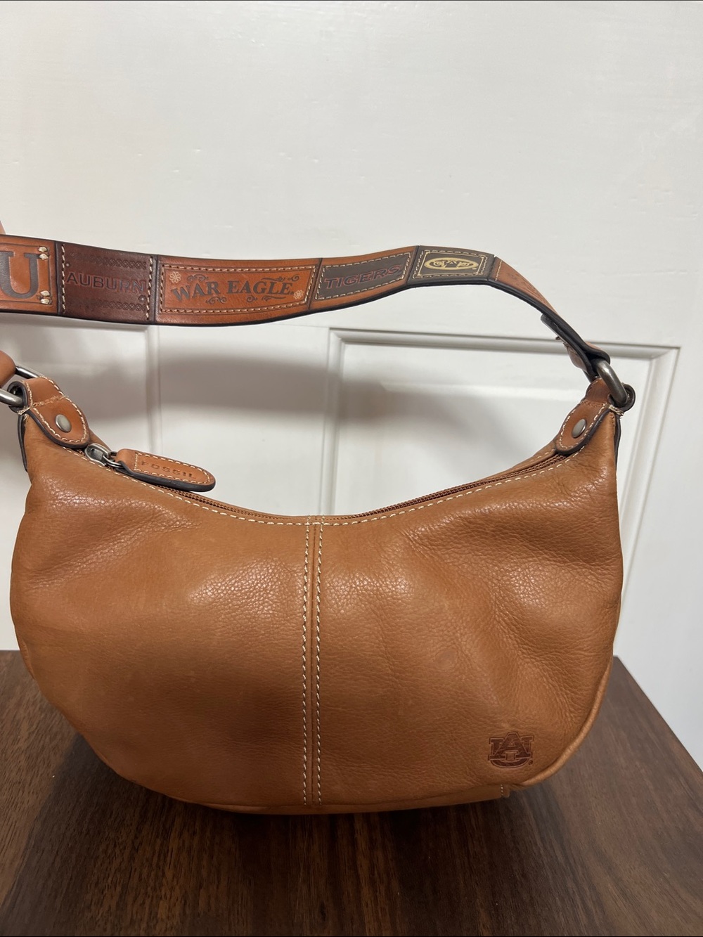 Fossil Auburn University Brown Leather Shoulder Hobo with AU Logo Strap